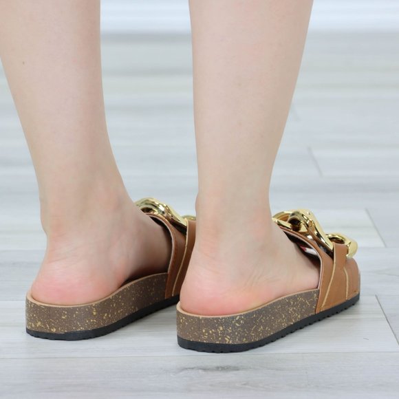 Tan Flat Slip On Sliders Sandal Trendy Comfort Lightweight Gold Hardware - Picture 5 of 12